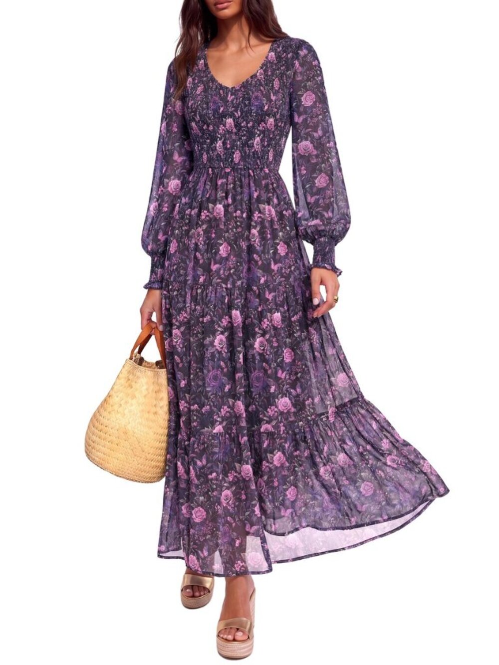 Womens Flroal Long Sleeve Dress Boho A Line Fall Maxi Dresses